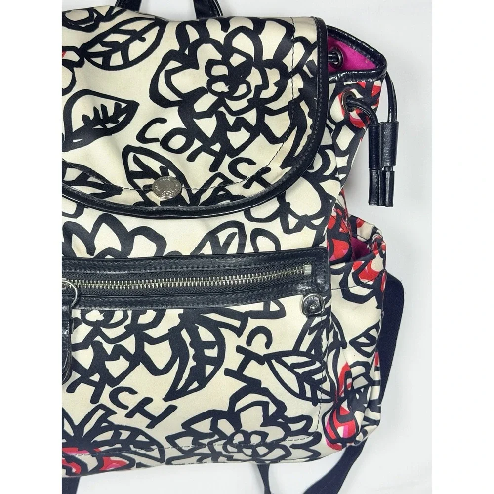 Coach Poppy Daisy Graffiti Backpack Floral Satin Black White Pink Travel Casual